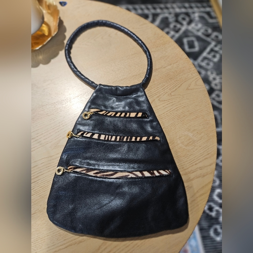 Vintage Black Leather Hobo Bag Haircalf Zebra Accent Multi Zip Shoulder Purse. - Picture 4 of 16